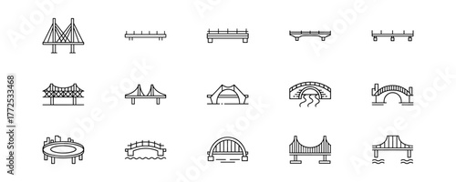 Set of 16 Simple Line Icons of Various Types of Bridges in Grid Layout