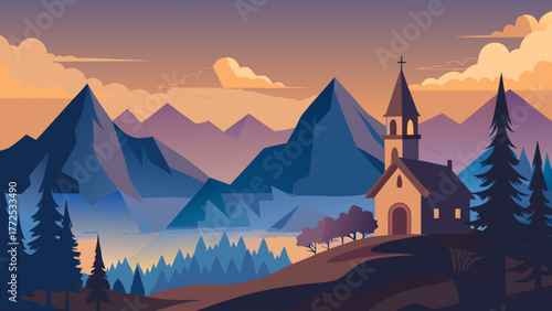 Church on a hill with mountain backdrop
