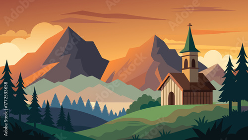 Church in the mountains at sunset time