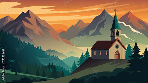 Church in the mountains at sunset time