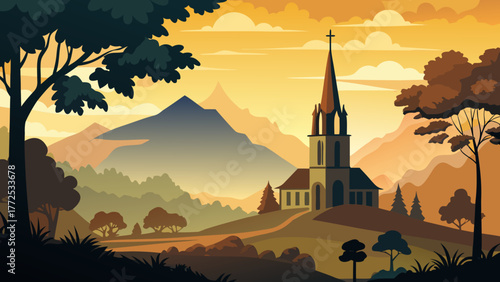 Church in idyllic landscape at sunset