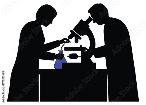 Two Dedicated Scientists Conducting Laboratory Experiments and Research Silhouette