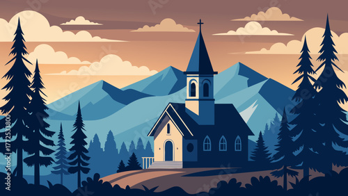 Church in the mountains at sunset time