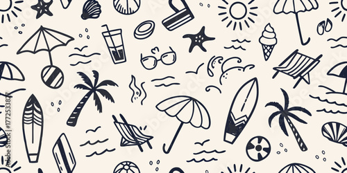 Hand drawn summer beach vacation icons seamless pattern with surfboards umbrellas palm trees and sun