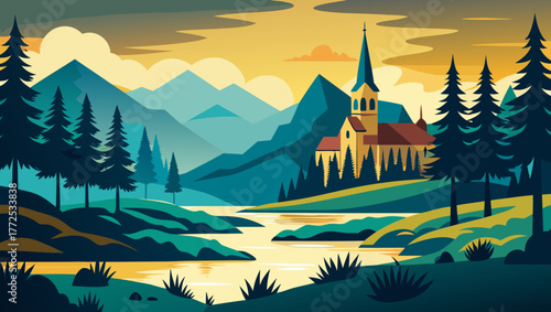 Landscape with church and mountain view