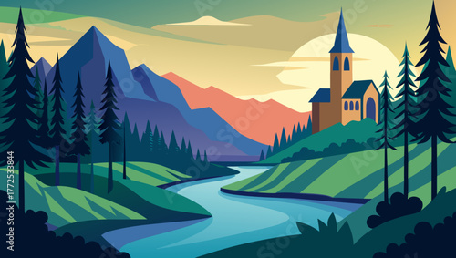 Landscape with church and mountain view