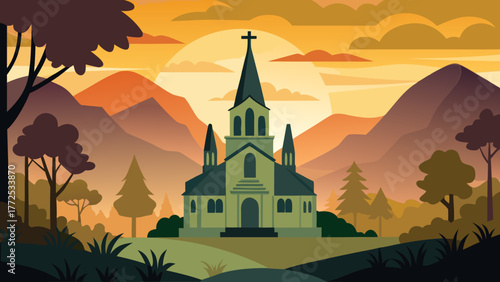 Church in the mountains at sunset time