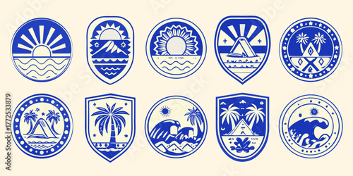 Collection of blue and white retro travel badges and emblems featuring tropical landscapes and coastal scenes