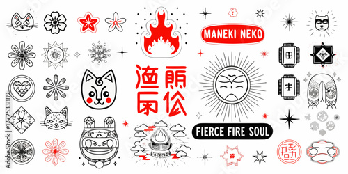 Collection of japanese inspired illustrations featuring maneki neko fierce fire soul and various symbols