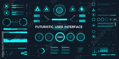 Futuristic user interface with cyan neon elements and data visualizations on dark background