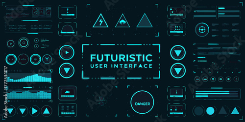 Futuristic user interface with glowing blue digital elements and data visualizations on a dark background