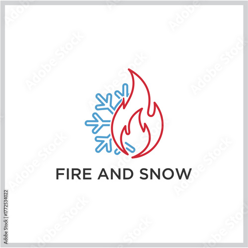 Vector graphic icon illustrating the contrast between a red fire flame and blue snowflake, symbolizing opposing elements, temperature extremes, and natural duality