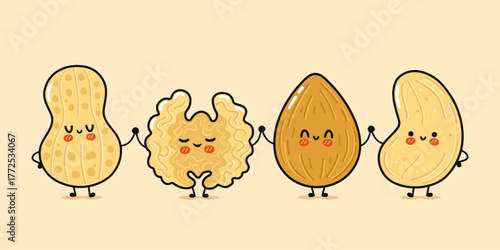 Cute cartoon nuts holding hands showing friendship