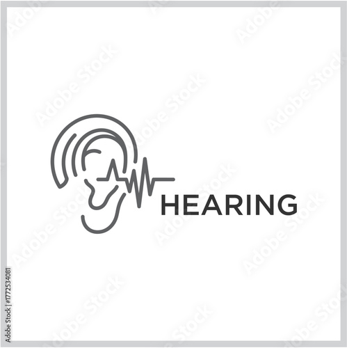 Hearing icon featuring an ear symbol with sound waves and the word 'Hearing' for audiology