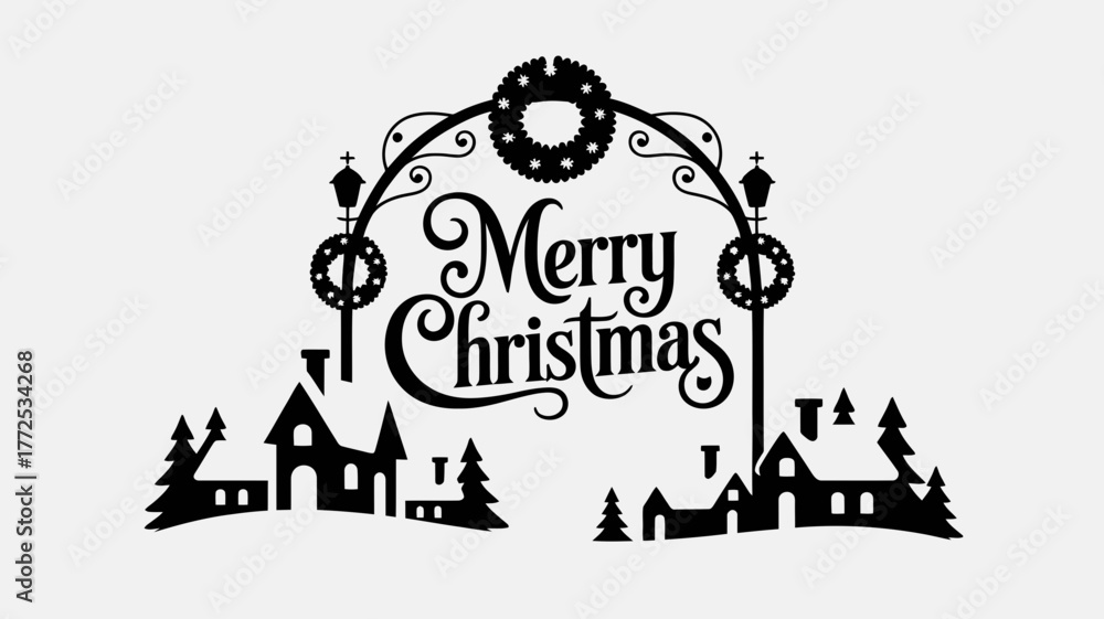 Fototapeta premium Elegant merry christmas lettering design framed by a decorative arch with festive winter village silhouette below