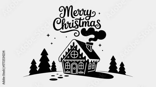 Whimsical black and white illustration of a gingerbread house with smoke billowing from the chimney and merry christmas text above