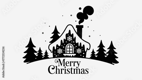 Whimsical silhouette of a snow covered gingerbread house surrounded by pine trees with smoke rising from the chimney celebrating christmas