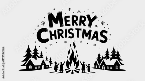 Whimsical merry christmas illustration featuring a bonfire with people gathered around surrounded by snow covered houses and pine trees evoking a cozy winter celebration
