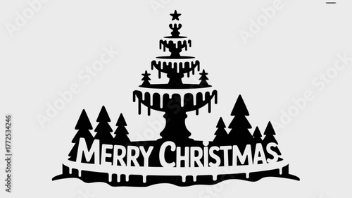 Festive silhouette of a tiered fountain adorned with dripping snow and surrounded by pine trees with merry christmas text