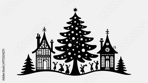 Whimsical silhouette of a festive christmas village scene with a decorated tree and dancing figures under a starry sky