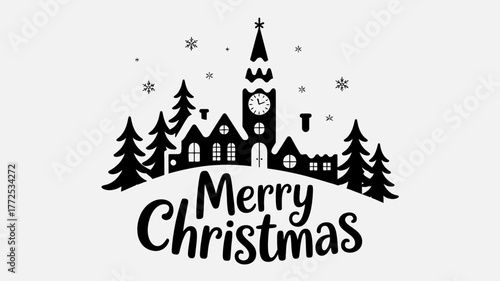 Charming silhouette of a snowy village with a clock tower and pine trees under falling snowflakes celebrating merry christmas