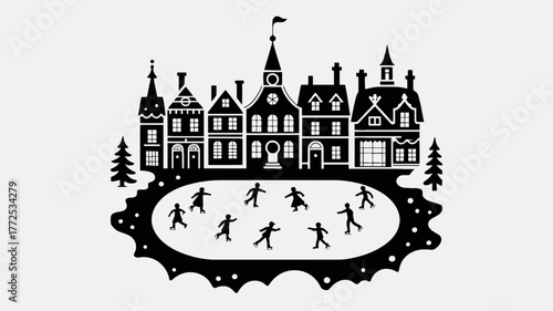 Charming black and white illustration of a quaint european town with people ice skating on a frozen pond during winter