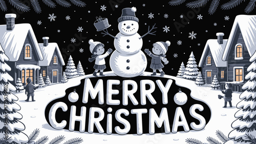 Whimsical snowman and children celebrate merry christmas in a snowy village scene with festive decorations