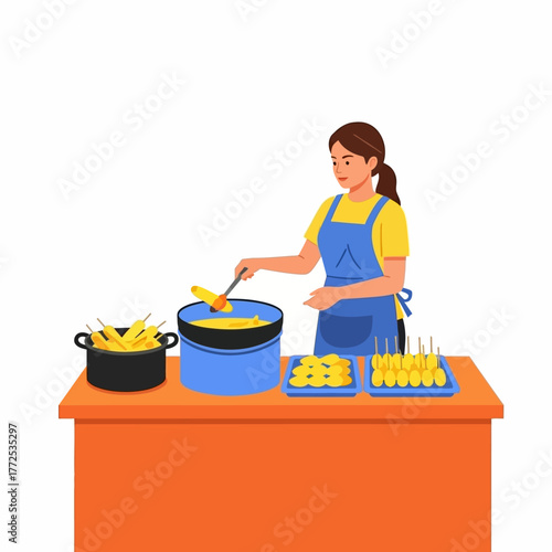 Illustration of a woman preparing food on a table with a pot and trays