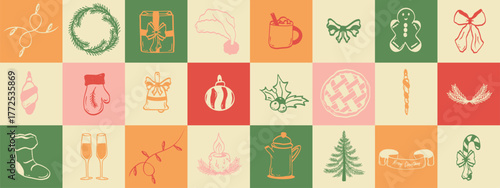 Christmas seamless pattern. Mosaic background with hand drawn holiday elements, Christmas toys, Christmas tree, pie, bow, gingerbread, candle, glasses, sweets. Vector.