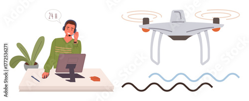 Customer service agent in headset at desk assisting with quadcopter flight navigation. Ideal for technology, customer service, Quadcopter operation, remote work, communication, innovation, simple