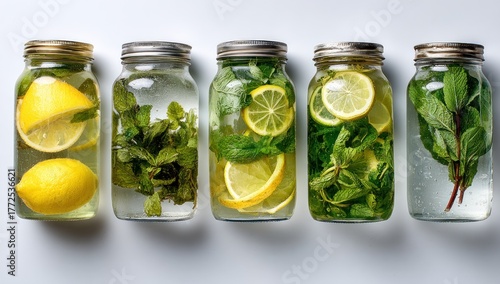 Refreshing Infused Water - Lemon and Mint in Mason Jars.