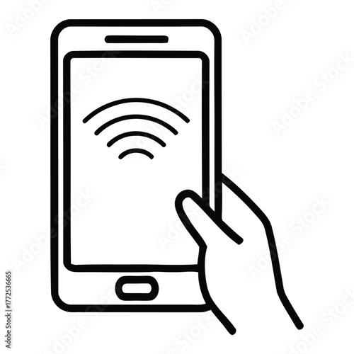 Hand Holding Smartphone with Wireless Signal Waves Line Art Illustration