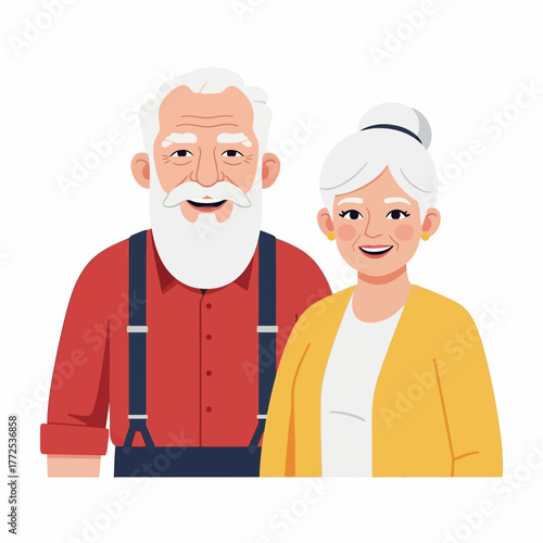 Illustration of a smiling elderly man and woman standing together against a white background.