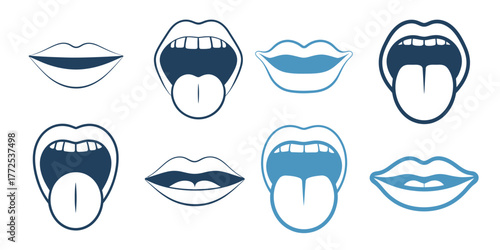 Collection of stylized lips and mouth illustrations showing various expressions and tongue movements vector vector