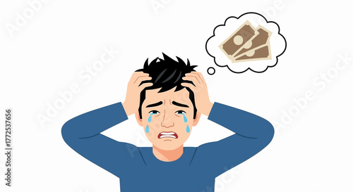 Cartoon man with frustrated expression holding his head and thinking about money on a white background