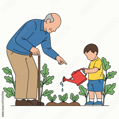 Grandfather Teaching Grandson How to Water Plants in the Garden