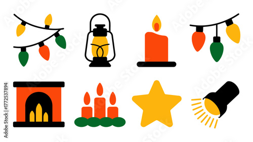 Collection of festive holiday and christmas illumination elements including string lights candles lantern fireplace and star
