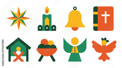 Collection of flat design christmas nativity scene icons including star candle bell bible stable manger angel and dove