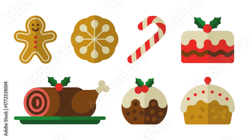Collection of festive christmas treats including gingerbread man decorated cookies candy cane christmas cake roast meat and cupcakes