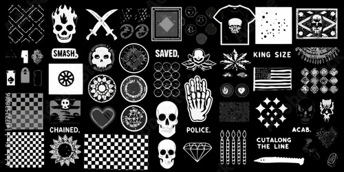 Collection of black and white grunge style icons and symbols featuring skulls checkered patterns and text elements