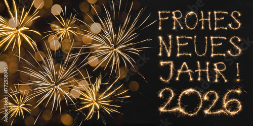 Photography Frohes neues Jahr 2026 Grußkarte, Silvester Karte mit deutschem Text - Goldenes
