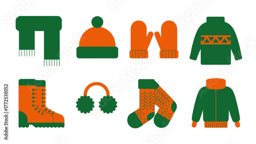 Collection of colorful winter clothing and accessories for cold weather including hats scarves mittens socks boots and jackets