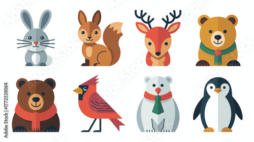 Collection of cute cartoon forest and arctic animals including a rabbit squirrel deer bear cardinal and penguin