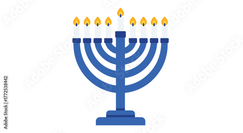Vibrant blue menorah with nine lit candles glows brightly, symbolizing Hanukkah celebration and Jewish tradition