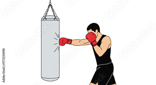 Determined boxer practicing powerful punches on a heavy bag with intense focus and athletic form