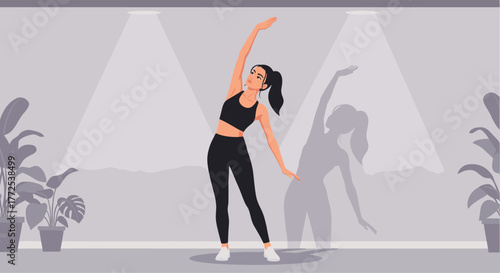 Dynamic woman stretches gracefully in modern studio workout space with soft lighting and lush plants creating an inspiring fitness atmosphere