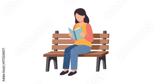 Calm woman engrossed in a book while relaxing on a park bench, finding peace and knowledge outdoors