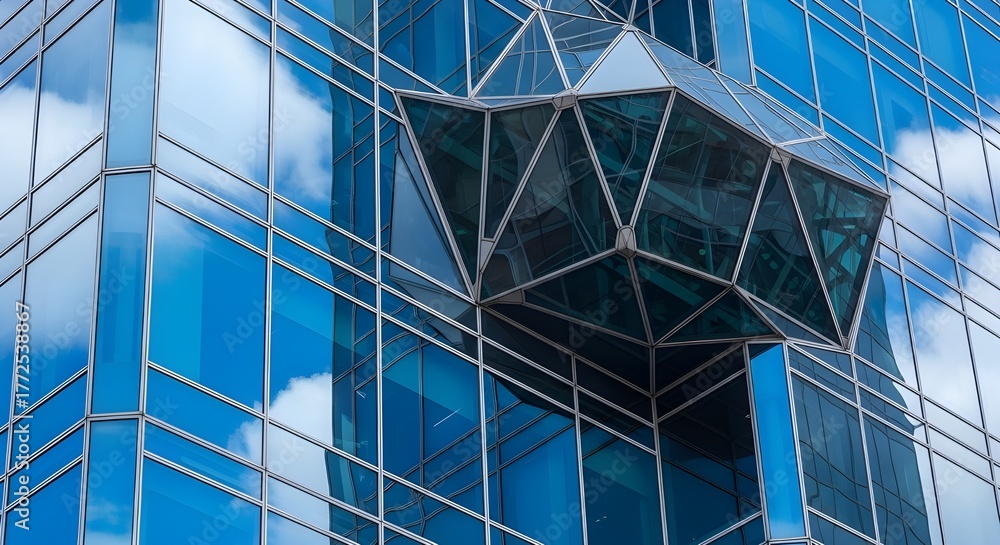 Obraz premium Geometric Glass Structure Attached to Modern Skyscraper Reflecting Blue Sky and Clouds