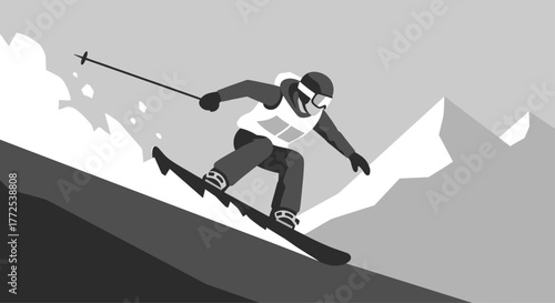 Dynamic skier carving down a snowy mountain slope with stunning panoramic mountain backdrop, capturing winter adventure