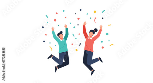 Joyful team members celebrating success with vibrant confetti showering down in a modern, minimalist style